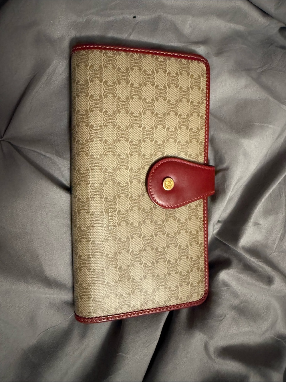 Celine Beige Logo Canvas Wallet with Red Trim